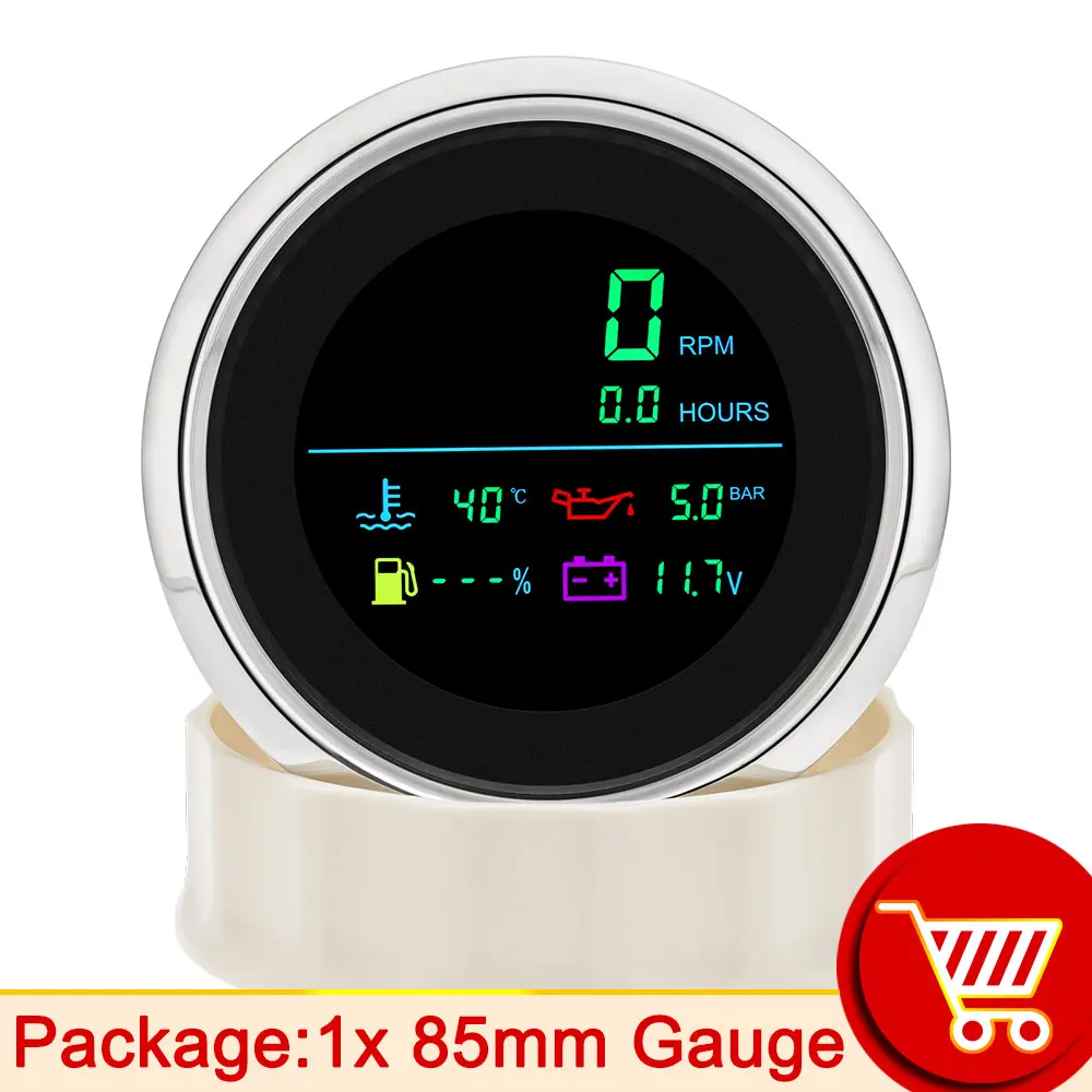 

85 мм LCD цифровой 6 в 1 0-19999 ОБ/мин Тахометр + песочные часы + Температура воды + уровень топлива + Масляный Пресс + датчик напряжения автомобиля многофункциональный измеритель