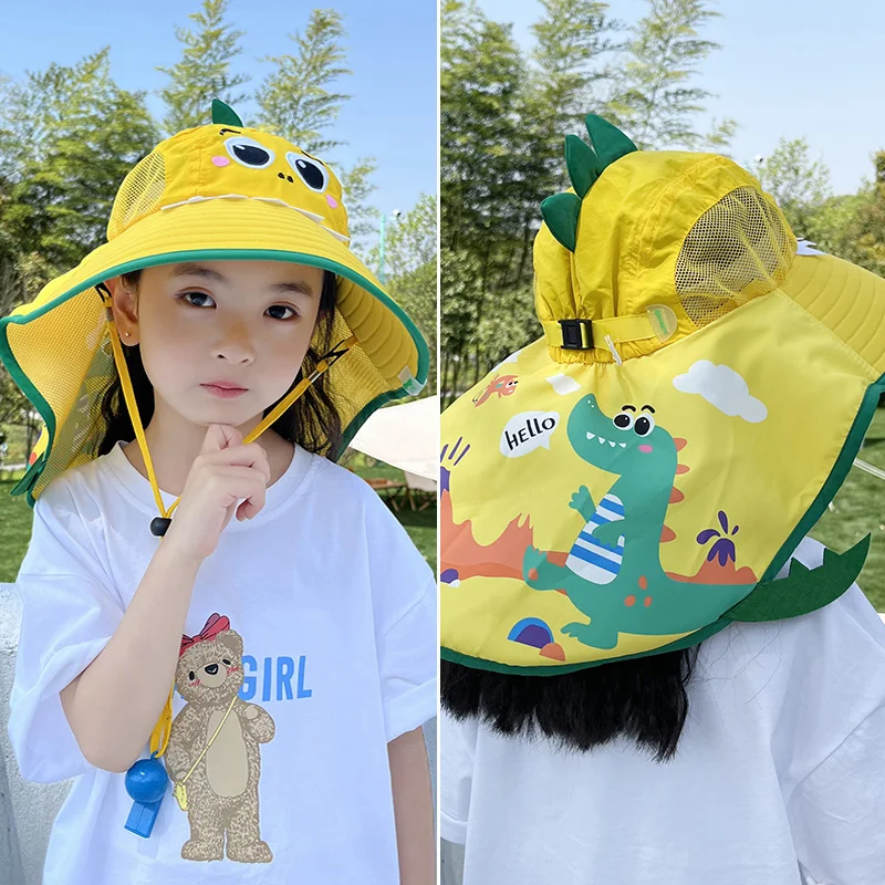 

Панама летняя для мальчиков и девочек, детская пляжная шапка с широкими полями и защитой от ультрафиолета, Мультяшные шапки для рыбаков, 360 °