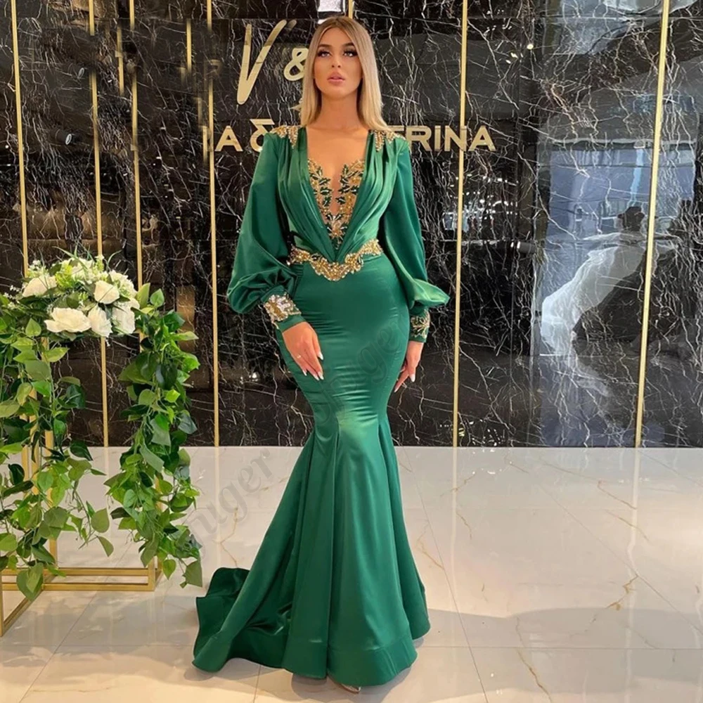 

SOFUGE Eermald Green Evening-Dresses Appliques Beaded Gold Rhonestones Mermaid Prom Gown Long Sleeves Robe Soirée Femme