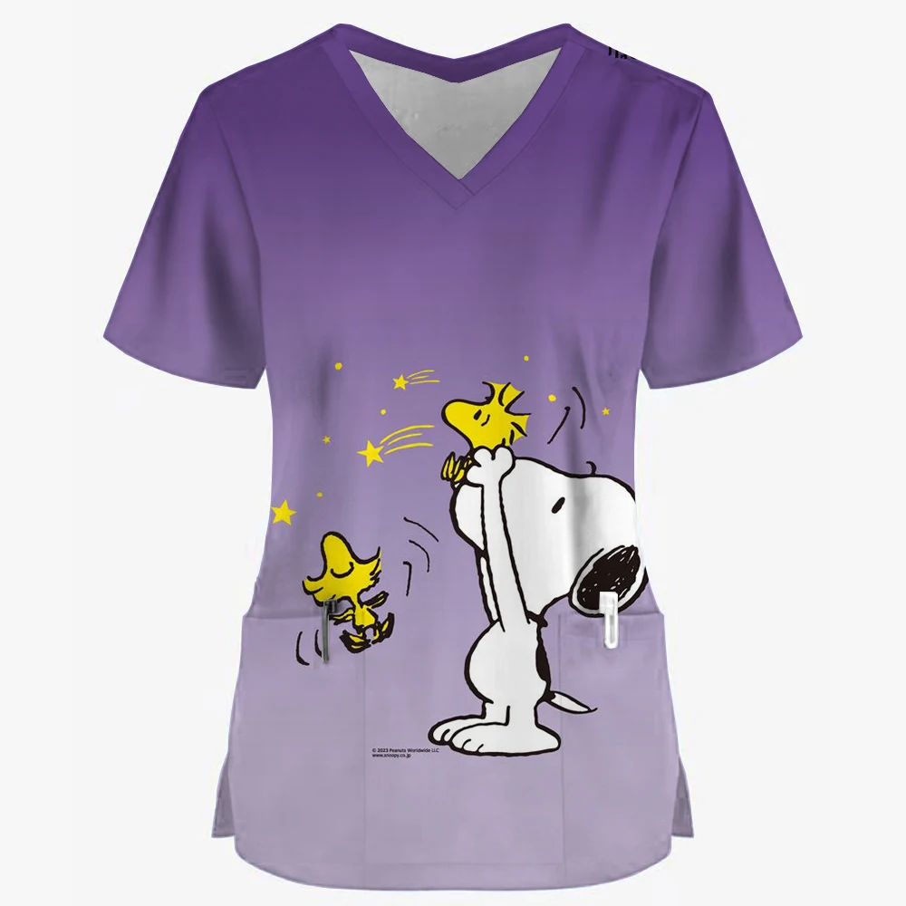 Женская Рабочая Униформа с принтом Снупи топы коротким рукавом и V-образным