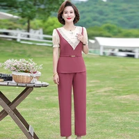 women 2 piece sets summer middle aged mother casual patchwork short sleeve tops casual high waist pants suits