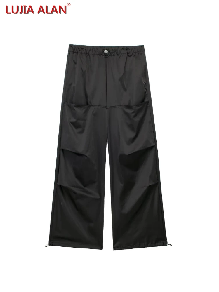 

Новые женские черные атласные плиссированные прямые брюки, повседневные женские свободные брюки с эластичным поясом, LUJIA ALAN P3528