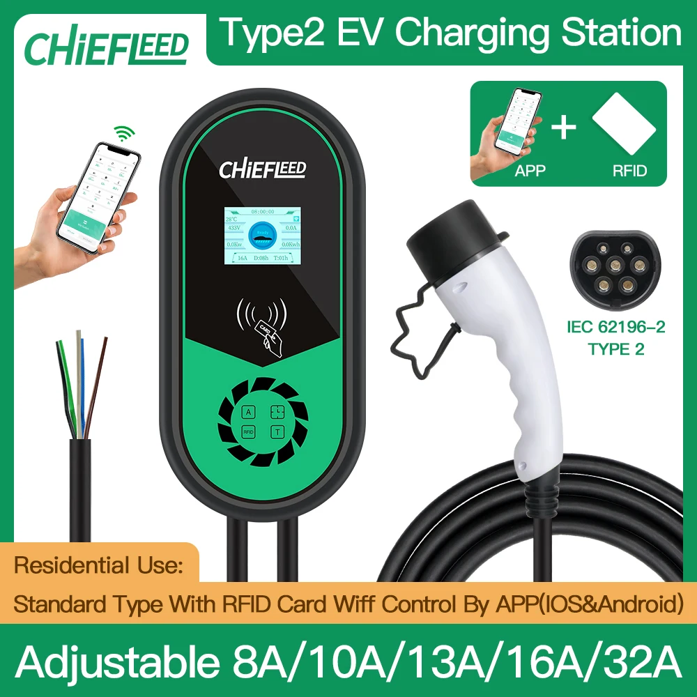 

Chiefleed Wallbox Station 32A 3P 22KW Type 2 Charger Wallbox Electric Vehicle Car EU Plug With RFID APP WIFI Remote Operation