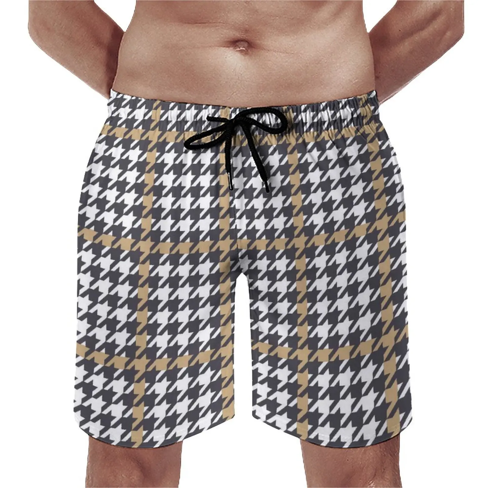 

Black Houndstooth Board Shorts Vintage Plaid Print Board Short Pants Hot Men's Cute Custom Swim Trunks Plus Size