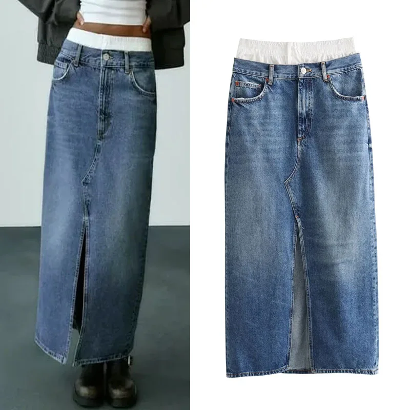 

Юбка-макси Женская джинсовая средней длины с низкой посадкой и разрезом