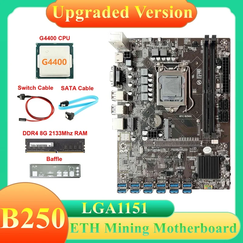 

B250C ETH Miner Motherboard G4400 CPU SATA Cable+Switch Cable Baffle 12X USB 3.0 LGA1151 For BTC