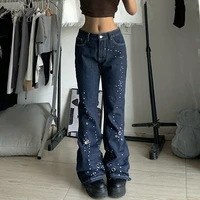 weiyao eyelet dot print low waist slim flared jeans woman y2k streetwear zipup punk style casual denim trousers korean bottoms