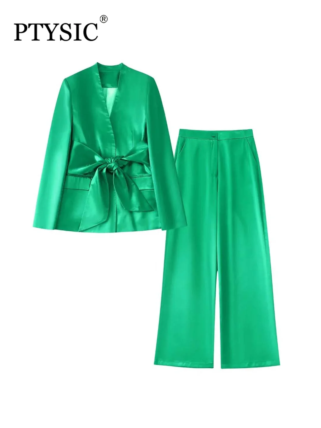 

PTYSIC Women Casual Slit Satin Green Bow Blazer Coat Straight Pockets Full Length Pants 2022 Summer Office Lady Two Pieces Sets
