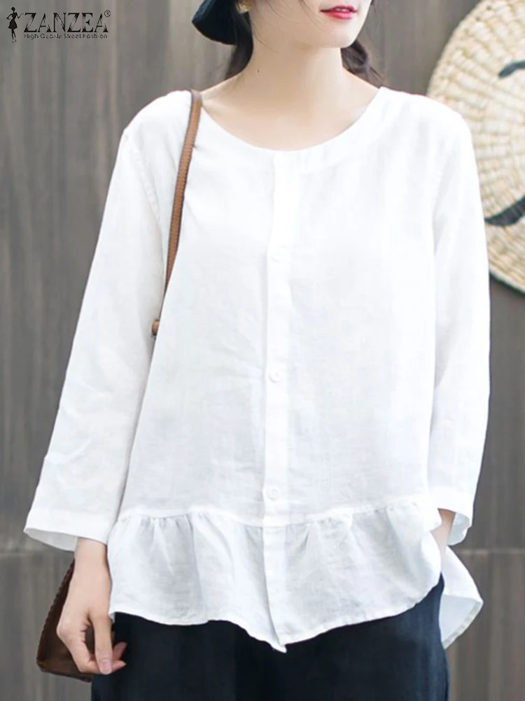 

Женская винтажная однотонная блузка, осенняя рубашка с длинным рукавом и круглым вырезом ZANZEA, богемные праздничные топы, туника, Повседневная Свободная хлопковая рубашка, блузы