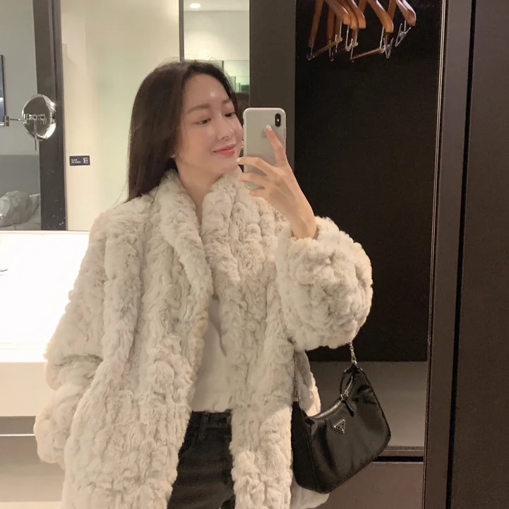 ICCLEK 2020 winter new Korean imitation Rex rabbit fur coat medium long thickened Lantern Sleeve Lamb Fur grass Plush coat