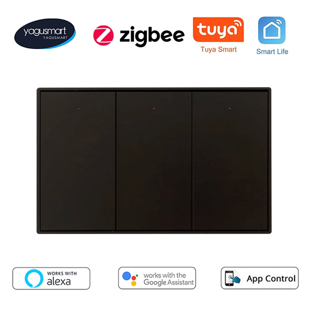 Умный выключатель Yagusmart Tuya Zigbee, настенный выключатель черного цвета, без нейтрального провода, с голосовым управлением, 1/2/3 групп, поддержка Alexa/Google Home