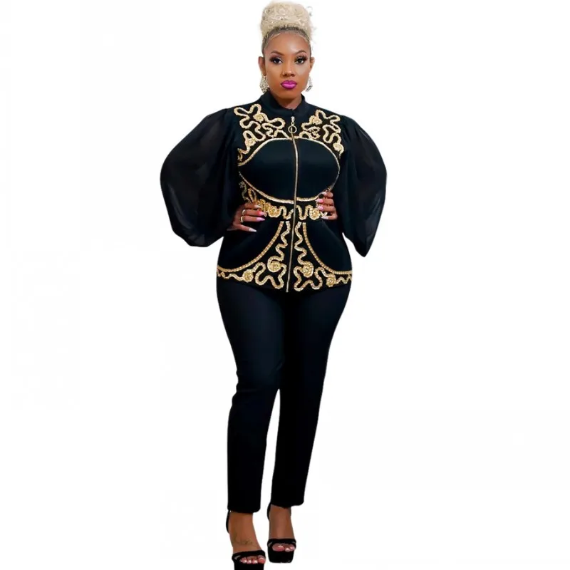 

African Clothes For Women 2 Piece Set Stand Collar Lantern Sleeve Tops Outfits Fashion New Splice Bazin Riche African Pant Suits