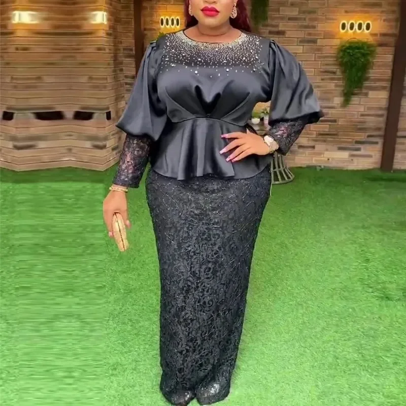 

African Dresses For Women 2023 New Fashion Dashiki Ankara Plus Size Party Lace Wedding Gowns Elegant Turkey Tops And Skirts Suit