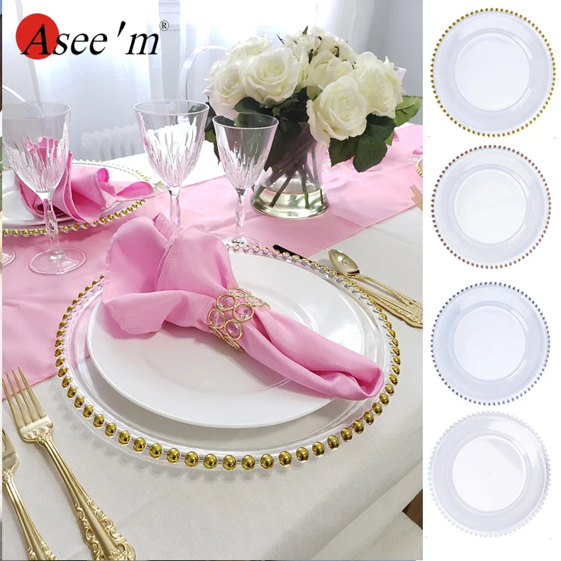 

12.5/10.5/8.2Inch Clear Glass Charger Plate with Beaded Rim Wedding Dinner Banquet Party Dinnerware Catering Decor Supplies