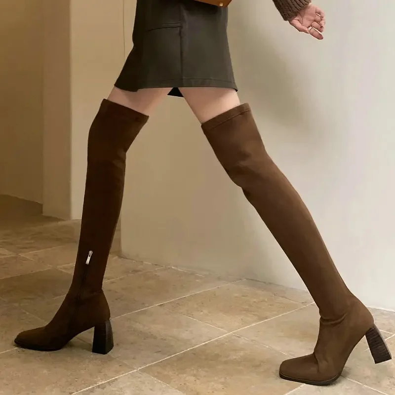 

Suede Nubuck Leather Brown Black Chunky High Heels Sexy Women Sock Boot Shoes Plus Size 34-42 Soft Overknees Long Stretch Boots