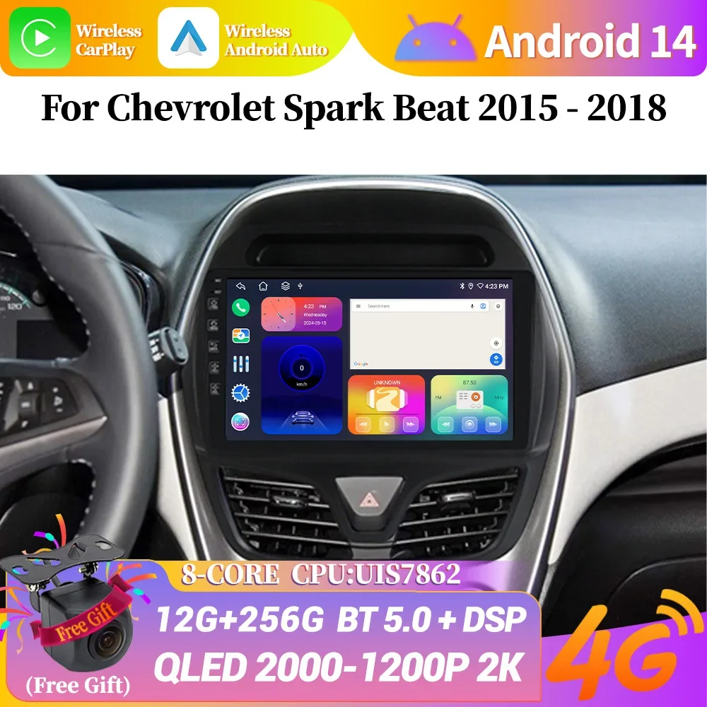 Android 14 для Chevrolet Spark Beat 2015-2018 автомобильное радио RDS ADAS мультимедиа QLED DSP навигация