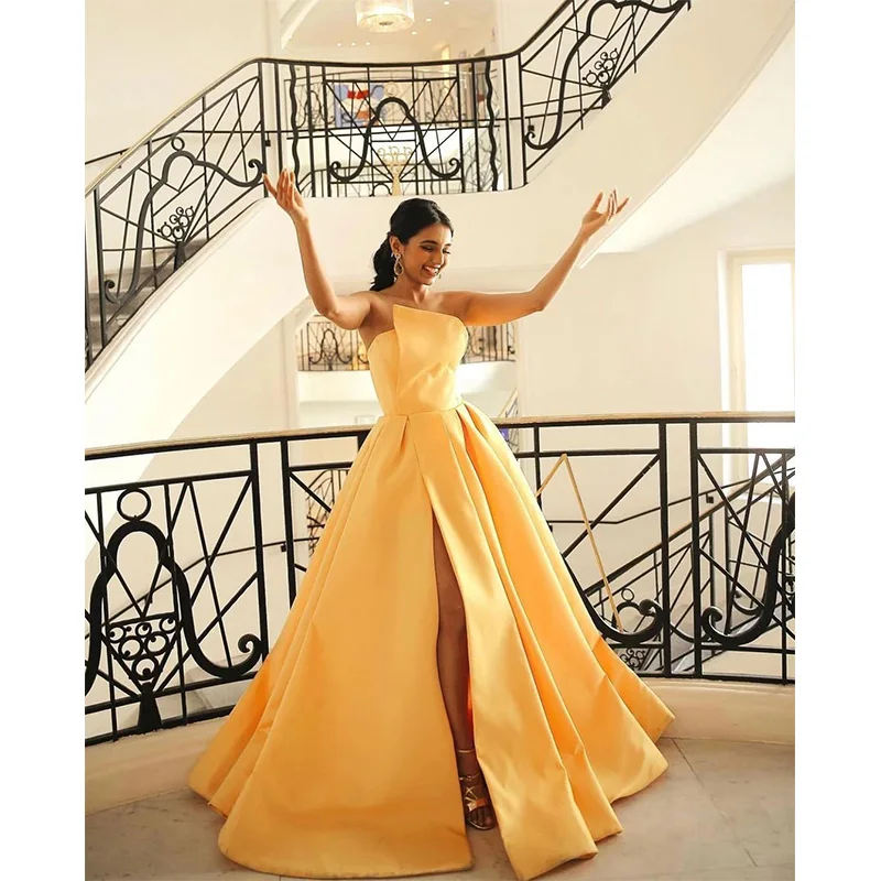 

Pleated High Split Women's Elegant Fashion Party Evening Dress Bra Sleeveless Open Back Sexy Loose A-line High-grade Satin 2023