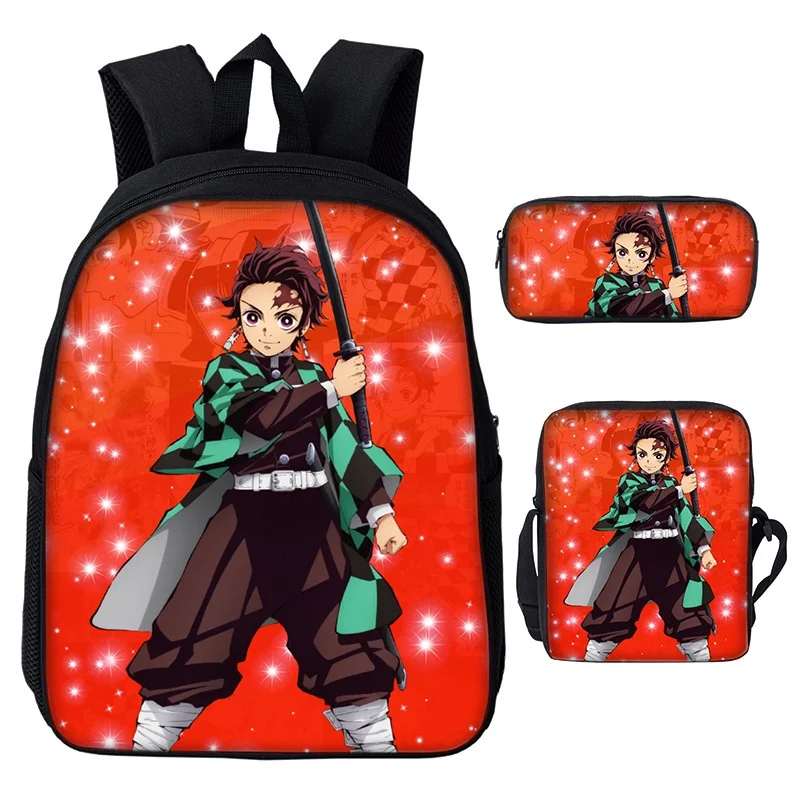 Girls Boys Anime Backpacks 3 Piece Demon Slayer Nezuko Tanjirou Children Fashion Shoulder Bags New Kids Cute Pen Bag All-match