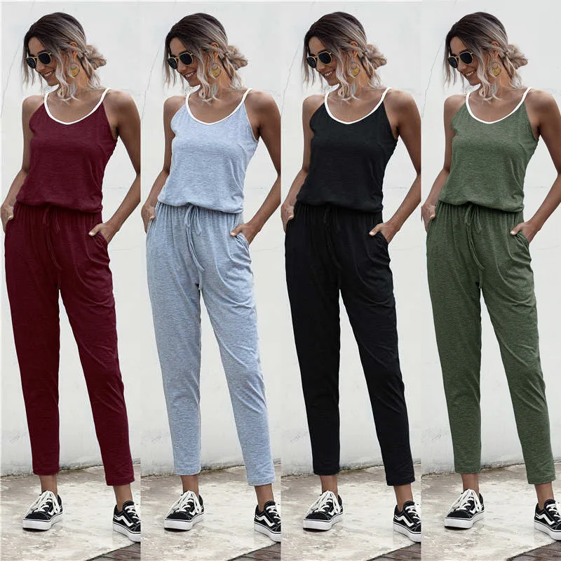 

2022 Women's Fashion Clubwear Jumpsuit Colorblock Suspender Jumpsuit Women's Sexy Skinny Backless Party Casual Sports Workwear
