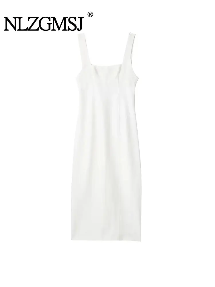 

Nlzgmsj TRAF Women 2023 Chic Fashion Backless linen Slim Midi Dress Sleeveless Wide Straps Female Dresses robe Mujer