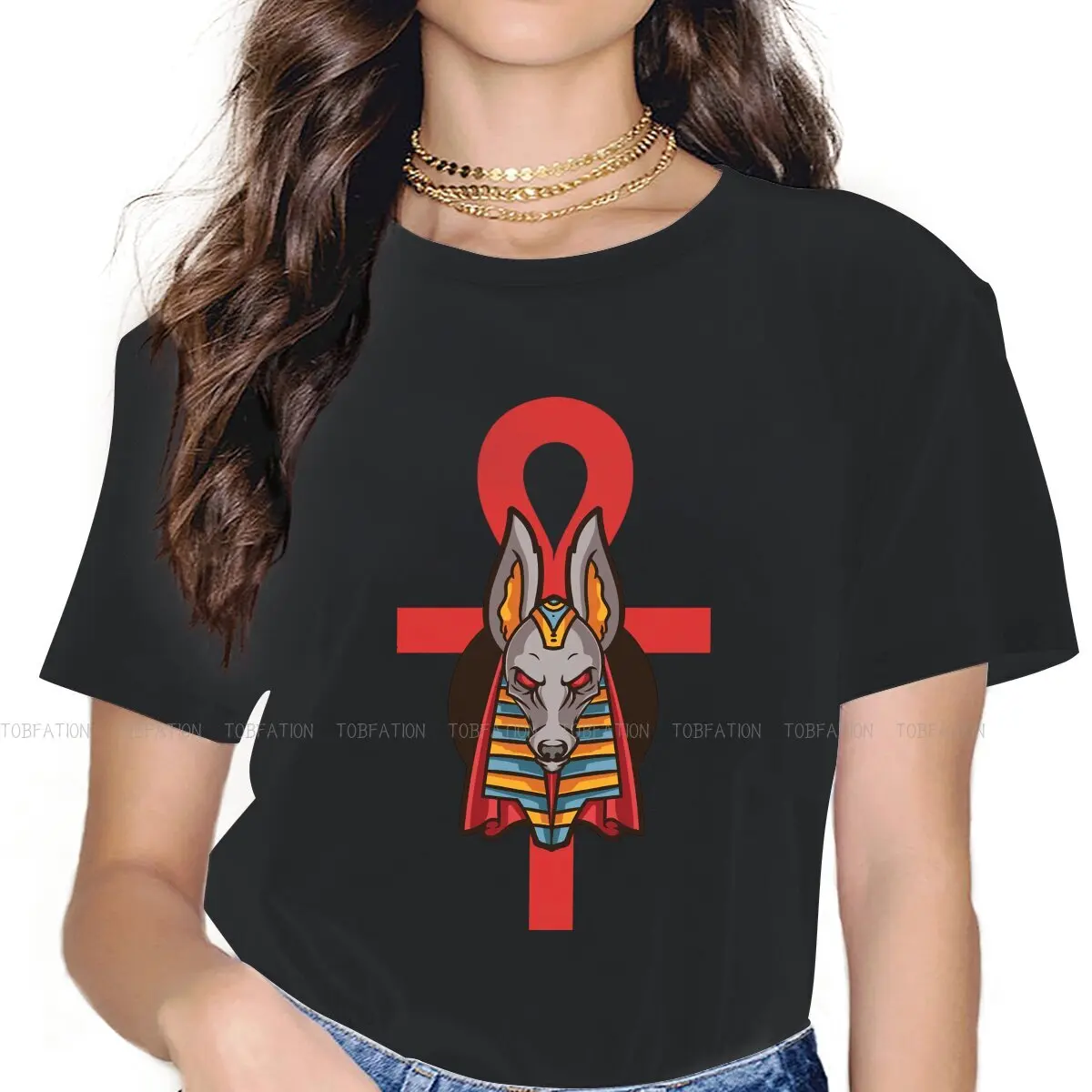 

Egyptian Ancient Egypt Culture Women T Shirt Anubis with Ankh Classic Female Tops Harajuku Funny Tees Ladies 5XL Cotton Tshirt