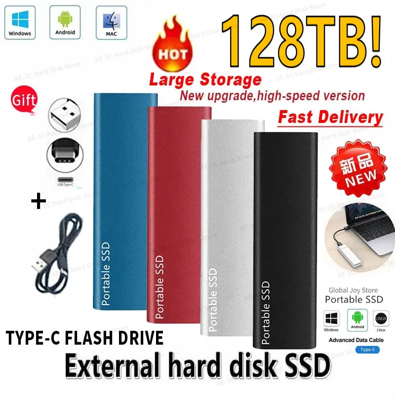 

Portable SSD 128TB 64TB 32TB Hard Drive 2TB 1TB External Solid State Drives USB 3.1 Type-C Hard Disks For Laptops Computer MAC