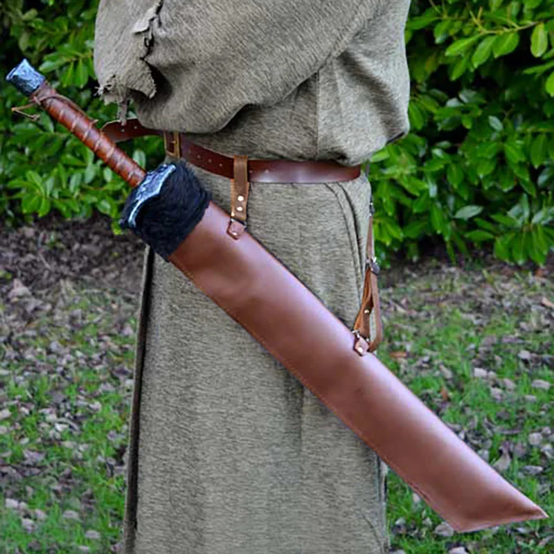 Фото Средневековый большой чехол для меча, самурайский рыцарь, Larp, сценический аксессуар для косплея, нож с широким лезвием, меховые ножны, кобура, военная экипировка для мужчин №3