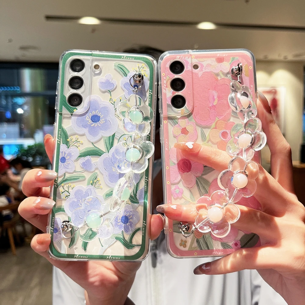 

Cartoon Flower Wrist Chain Case For Samsung Galaxy S22 Ultra S21 Plus S20 FE Note 20 10 A52 A12 A32 A72 A51 A71 A13 A53 Cover