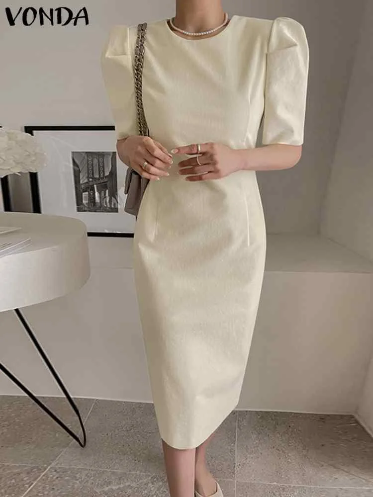 

VONDA Elegant Women Party Dress Summer Short Puff Sleeve Mid-calf Sundress 2023 Fashion O-Neck Casual Solid Color Shirt Robe