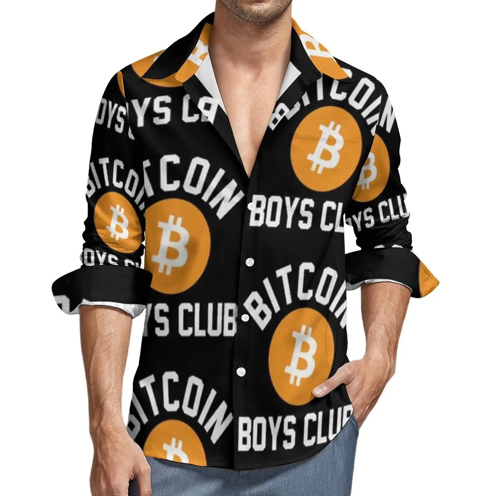 

Bitcoin Casual Shirts Men Boys Club Digital Currency Shirt Long Sleeve Trending Street Style Blouses Autumn Design Tops Big Size