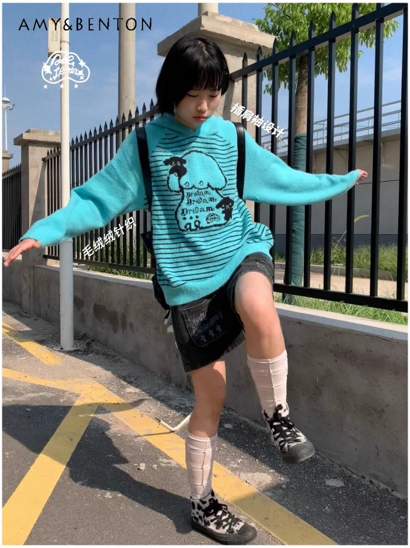 2024 новый японский оригинальный дизайн осенний озерно-синий полосатый свитер с