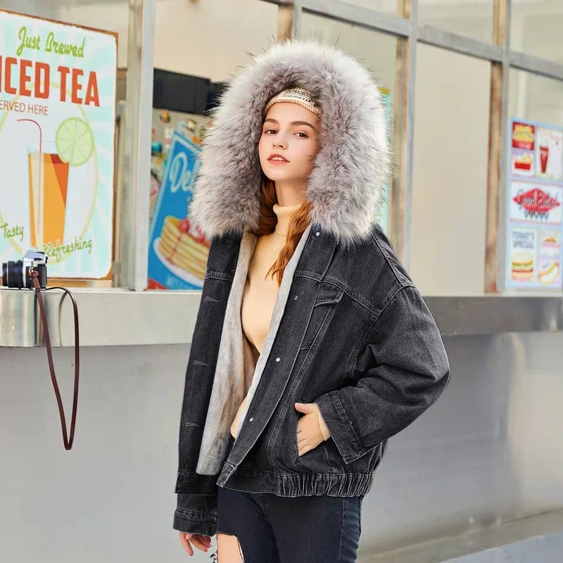 New Plus Velvet Denim Coat Padded Women's Contrast Color Short Thick Fur Collar Winter Warm Denim Hooded Jackets Fresh Sweet