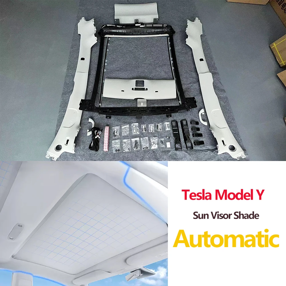 

Автомобильный автоматический солнцезащитный козырек Tesla Model Y 2023, встроенный выдвижной козырек для крыши, солнцезащитный козырек, занавеска бежевого и черного цвета