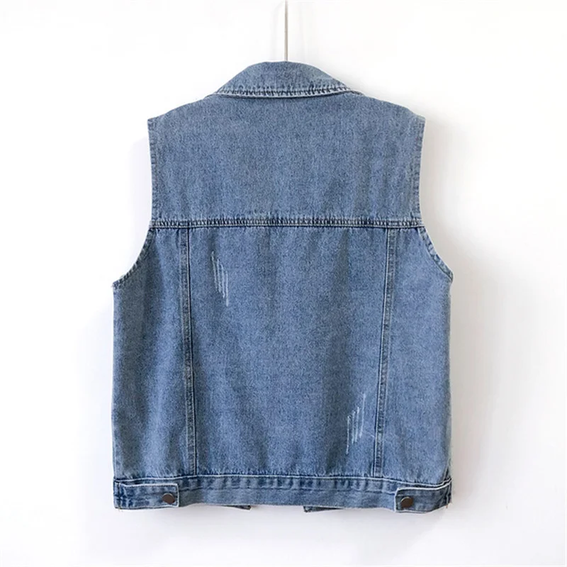 

Korean Spring Vintage Blue Frayed Denim Vest Women Waistcoat Loose Short Cowboy Sleeveless Jacket Big Pocket Jeans Vests Female