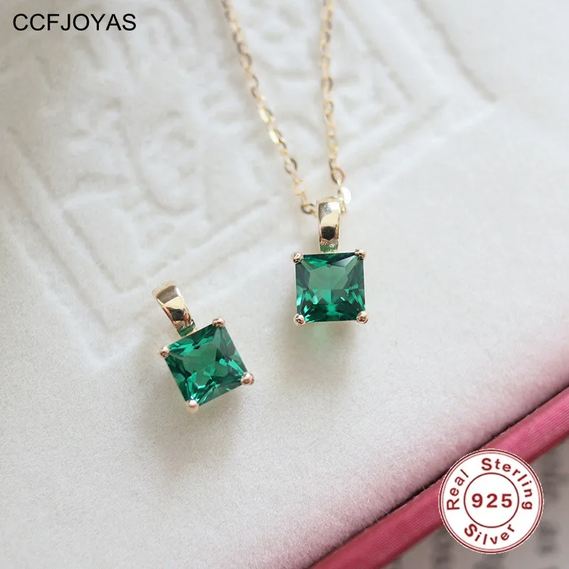 

CCFJOYAS 100% Real 925 Sterling Silver Square Emerald Zircon Pendant Necklace Simple ins 14k Gold Plated Clavicle Chain