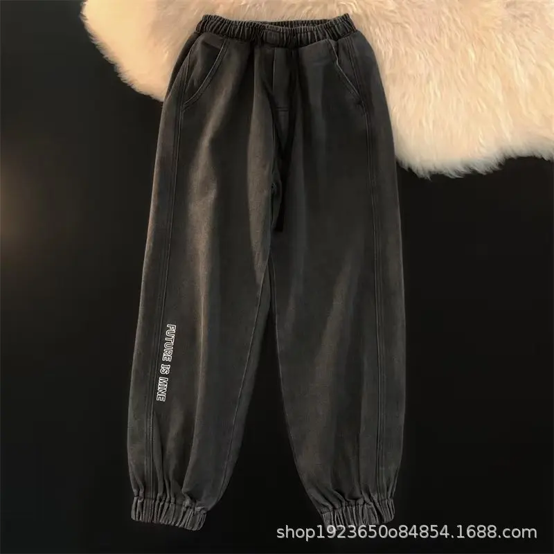 Elastic Waist Leggings Mens Jeans Loose Fitting Trendy Casual Retro Hong Kong Harlan Cropped Pants for Men