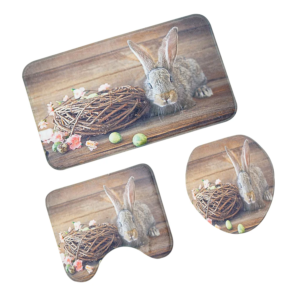 

3 in 1 Easter Bunny Pattern Bathroom Mat Set Antiskid Washroom Carpet Mat Toilet Lid Cover