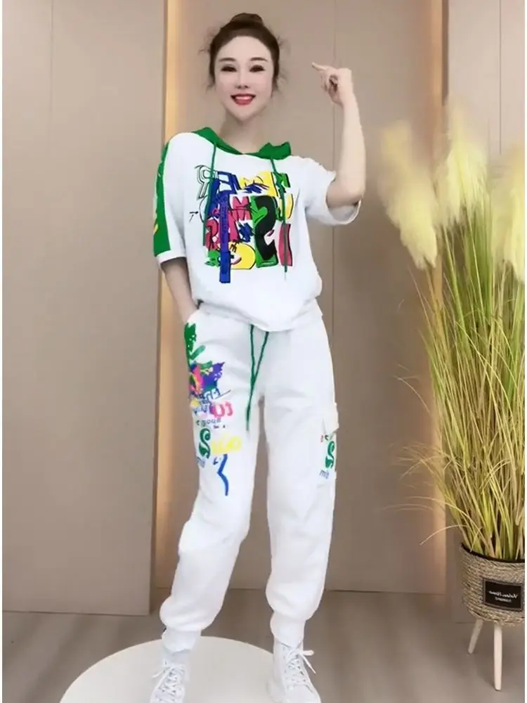 Fashion Casual Suit Female 2023 Summer New Print Hooded Short Sleeve Top Casual Haren Pants Fashion Trend Sports Suit