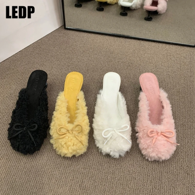 

Furry Women Mules Outside Autumn Winter 2023 New Female Slippers Bowtie Wool Plush Ladies Fashion Shoes Strange Heels Pumps Chic