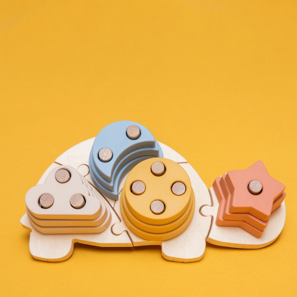 

1Set Baby Montessori Toys Wooden Turtle Puzzle Silicone Building Blocks Baby Stacking Educational Toys Gift for Children