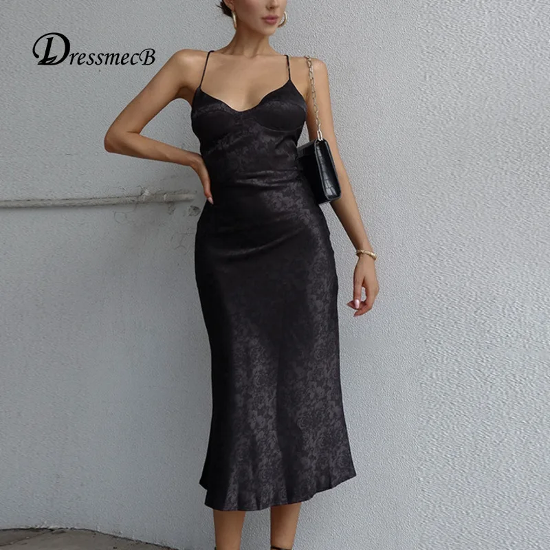 

Dressmecb Print Spaghetti Strap Summer Dress For Women Backless Lace Up V Neck Sexy Party Vestidos 2022 Slim Ruffle Midi Dresses