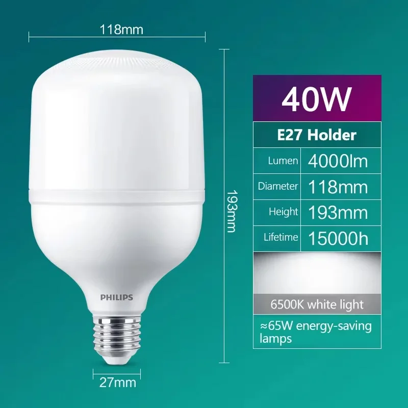 Фото Philips TrueForce Core LED E27 40 Вт E27 Т-образная лампа 6500 К Белый свет 220 В-240 В переменного тока Яркие светодиодные складские дорожные лампы №2