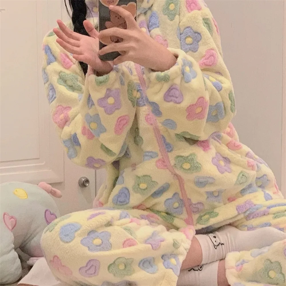 

Pajama Sets Two Piece Women Baggy Print Cozy Designer Sweet Girlish Sleepwear Home Kawaii Clothes Winter Thicken Korean Fashion