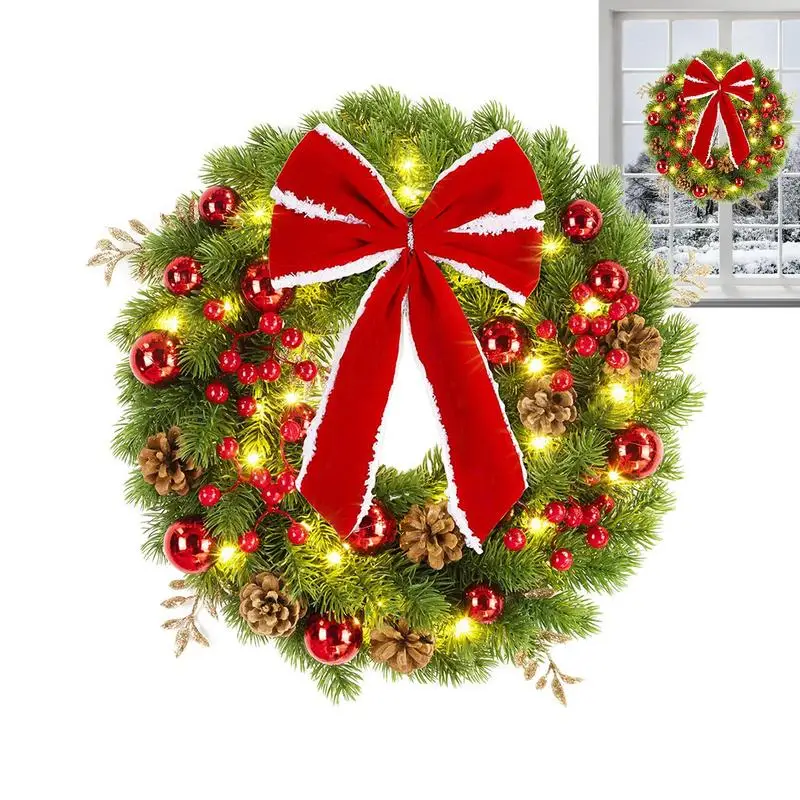 

40CM Artificial Lighted Christmas Wreath With Red Bows Christmas Balls Table Centerpieces For Christmas Festival Home Decoration