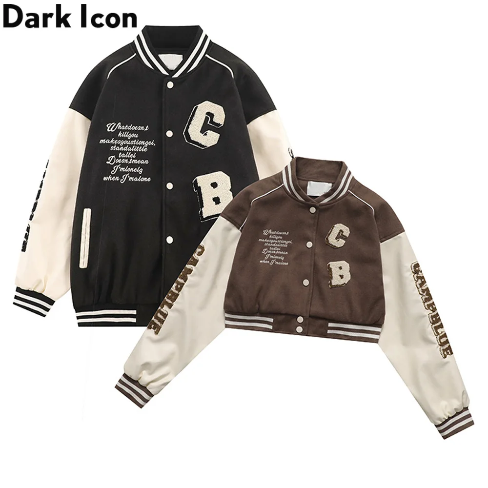 Dark Icon Woolen Material Leather Sleeve Men Women Baseball Jackets 2022 Autumn High Street Jackets