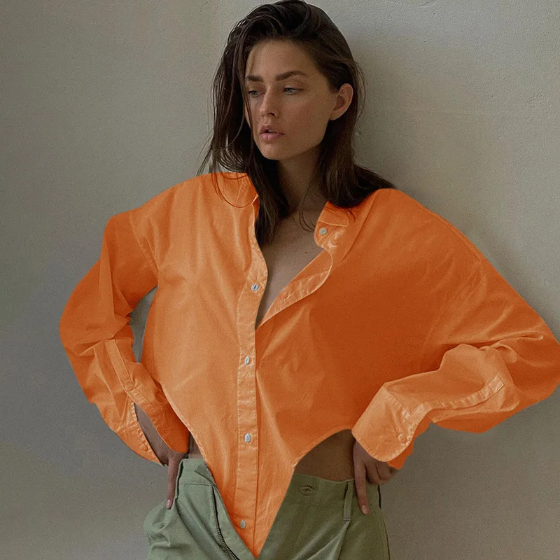 

2022 Temperament Irregular Shirt Spring and Autumn New Style Design Simple Solid Color Top Daily Commuting Short