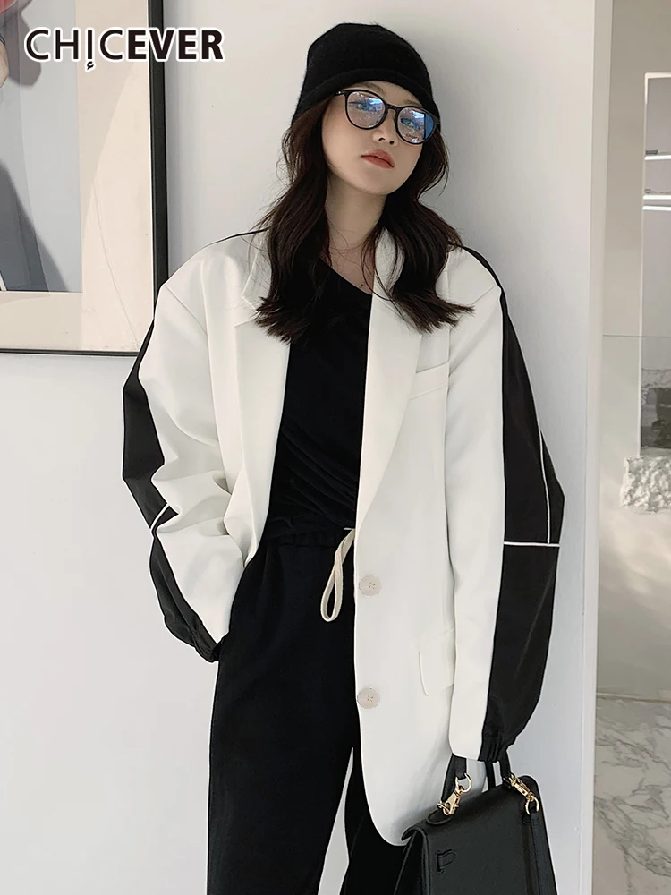 

CHICEVER Casual Patchwork Two Tone Blazer For Women Notched Collar Long Sleeve Loose Blazers Female Fashion New Clothing 2022