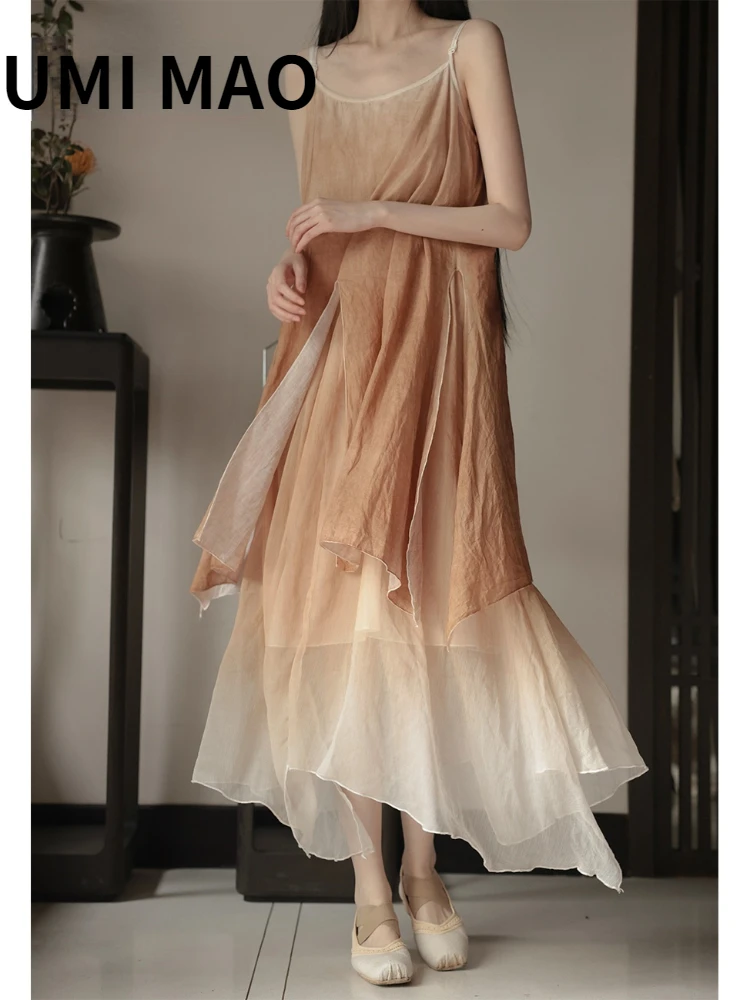 

UMI MAO Chinese Style Hanfu Summer Beach Homemade Irregular Elegant Large Swing Spray Dyed Suspender Dress Female Y2K