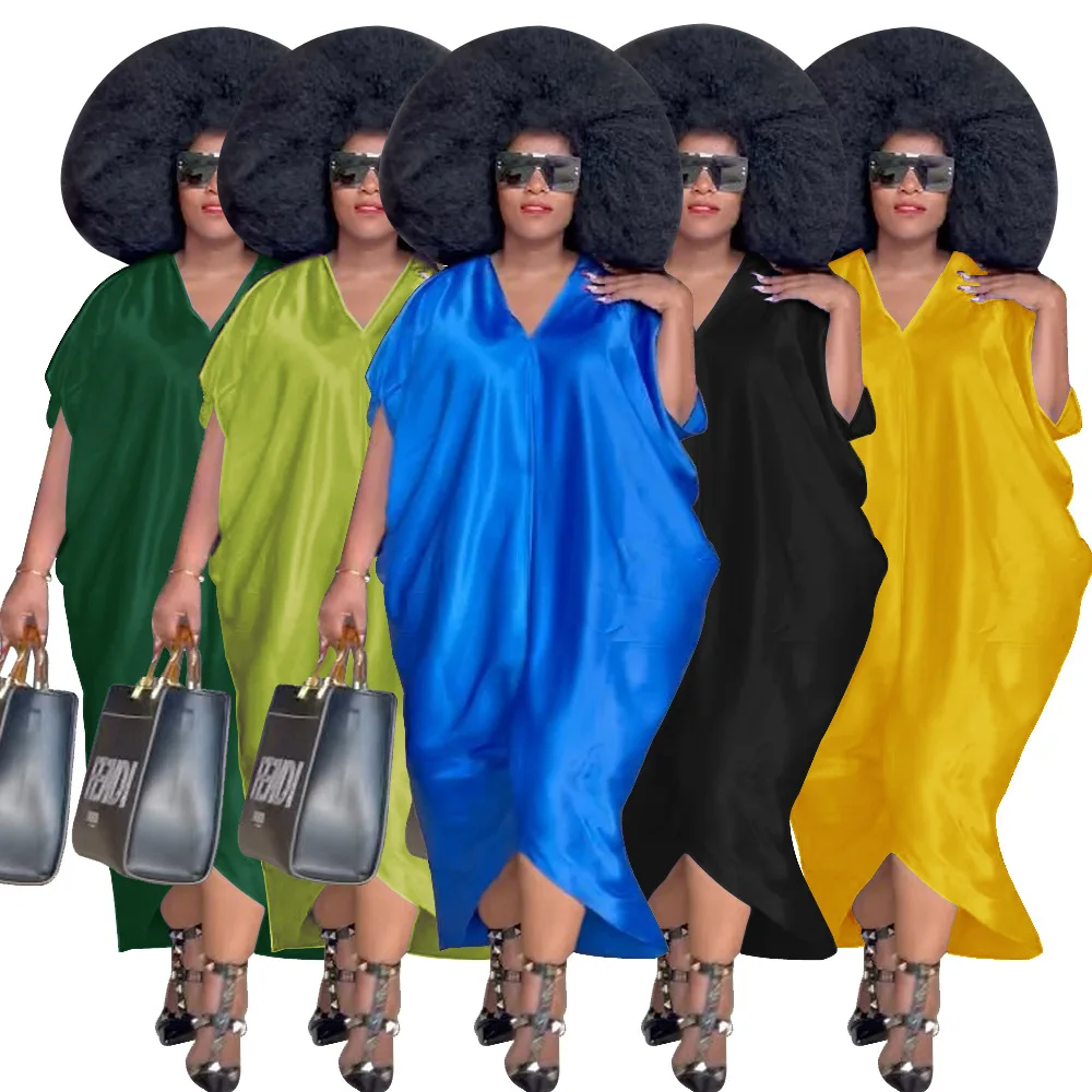 

2022 Summer Plus-size irregular silk satin dress Fashion casual V-neck plus-size dress woman