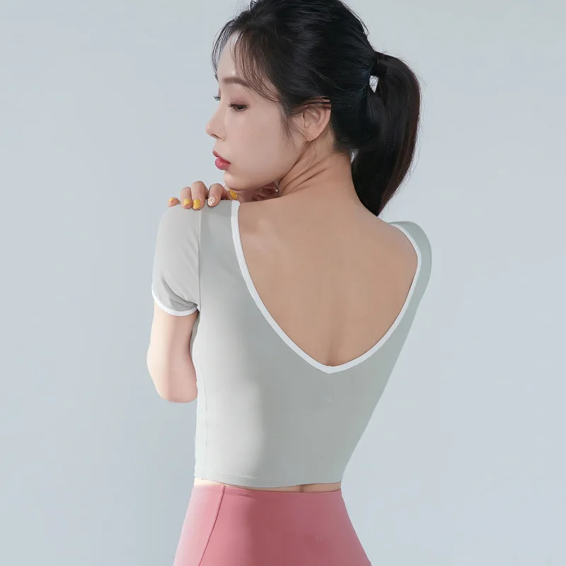 XEXYMIX Yoga Top Women Quick Dry High Elasticity Large Open Back Contrast Sports Fitness T-shirt Pilates Dance Training Clothes